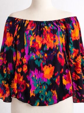Off-Shoulder Floral Burst Blouse — Black with Neon Prints